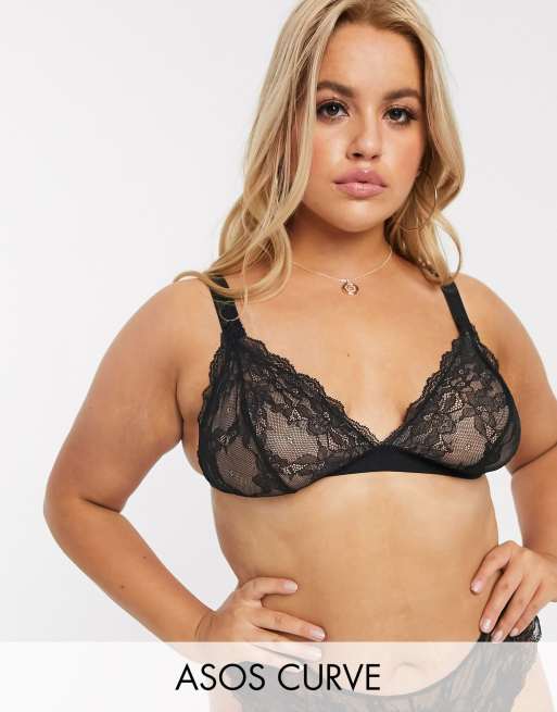 ASOS DESIGN Curve - Eliza - Sort sæt med blød trekantsBH med høj spids & g-streng, 2 af 3
