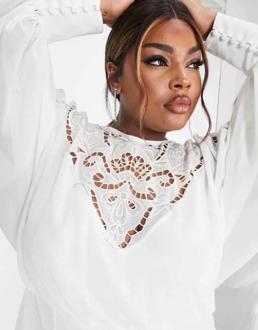 ASOS DESIGN Curve Ella blouson sleeve beaded cutwork wedding dress in cream