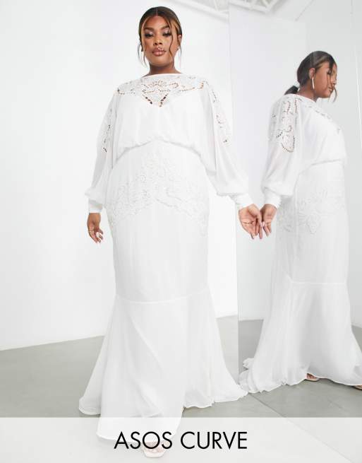 ASOS DESIGN Curve – Ella – Kremowa suknia ślubna z obszernymi rękawami z obcisłym mankietem, ażurowymi wstawkami i zdobieniem z koralików 