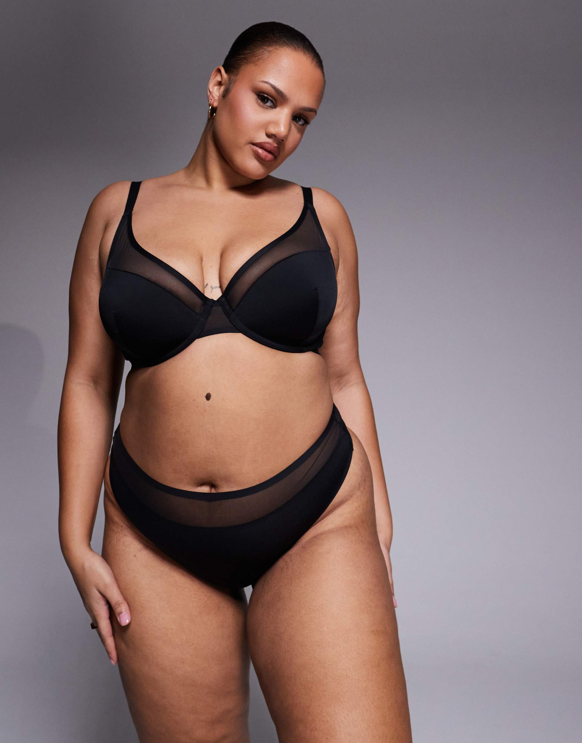 asos design curve ella microfiber high leg high waist thong with mesh detailing in black
