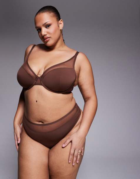 ASOS DESIGN Curve Ella microfiber lingerie with mesh detail in chocolate - view 1