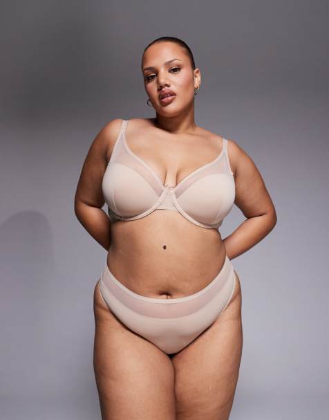 ASOS DESIGN Curve Ella microfibre high leg high waist lingerie thong with mesh detail in beige - view 1