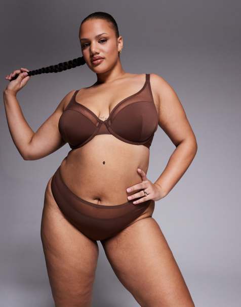 ASOS DESIGN Curve Ella microfibre high leg high waist lingerie thong with mesh detail in chocolate - view 1