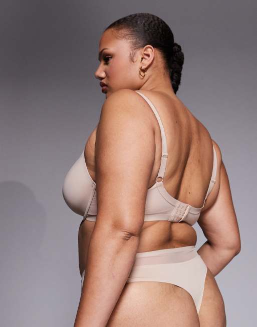 ASOS DESIGN Curve Ella microfibre high leg high waist thong with mesh detail in beige, 3 of 4