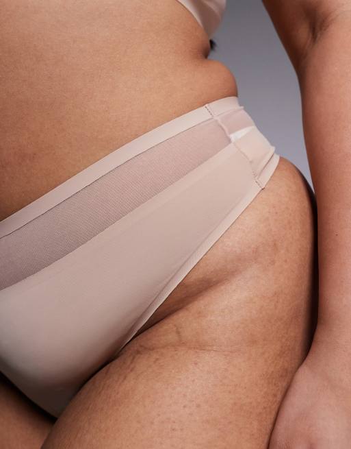 ASOS DESIGN Curve Ella microfibre high leg high waist thong with mesh detail in beige, 4 of 4
