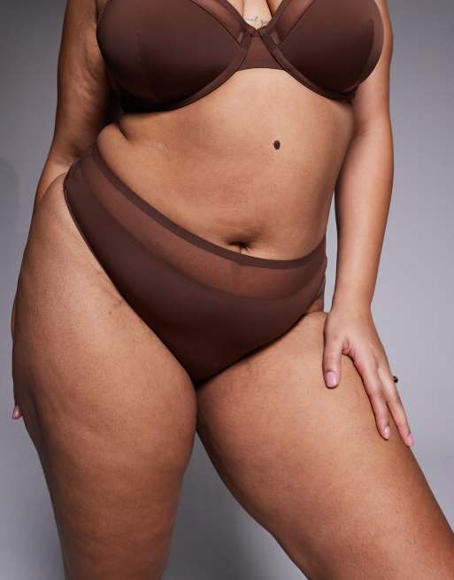 ASOS DESIGN Curve Ella microfibre high leg high waist thong with mesh detail in chocolate, 2 of 4