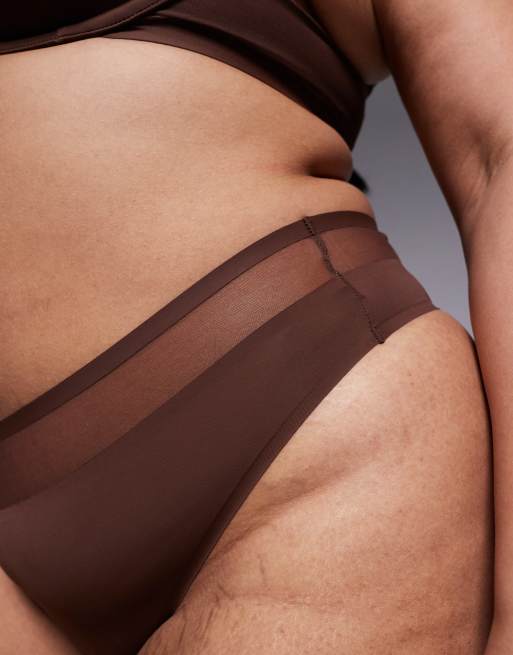 ASOS DESIGN Curve Ella microfibre high leg high waist thong with mesh detail in chocolate, 3 of 4