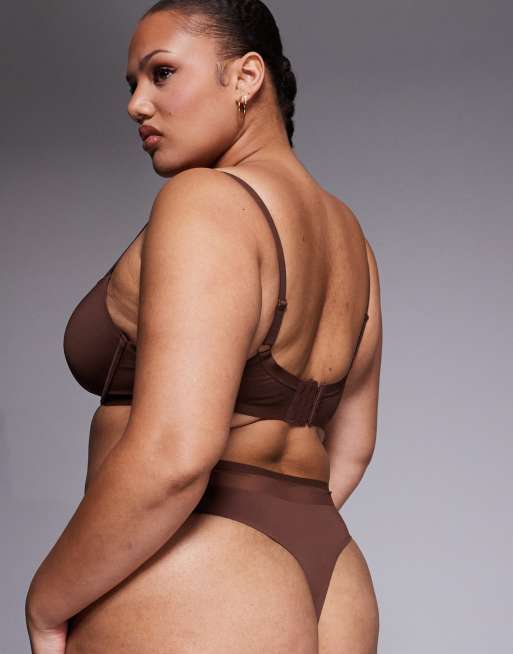 ASOS DESIGN Curve Ella microfibre high leg high waist thong with mesh detail in chocolate, 4 of 4
