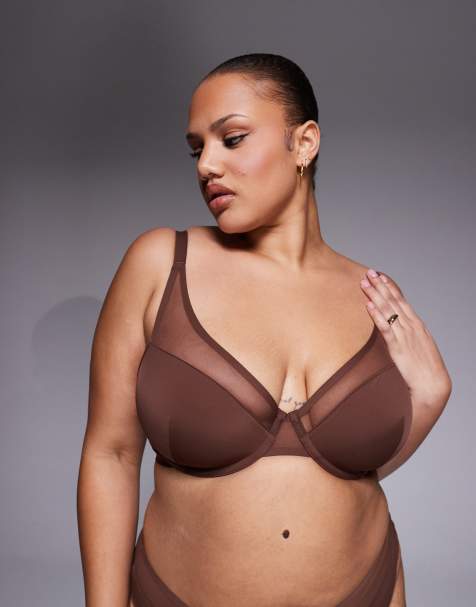 ASOS DESIGN Curve Ella molded microfiber demi pad underwire bra with mesh detail in chocolate - view 1
