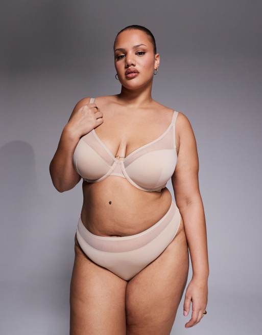 ASOS DESIGN Curve Ella moulded microfibre demi pad underwired bra with mesh detail in beige, 2 of 4