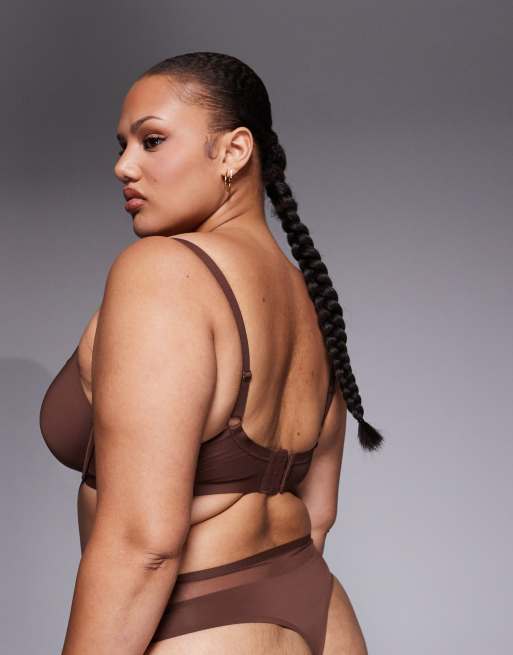 ASOS DESIGN Curve Ella moulded microfibre demi pad underwired bra with mesh detail in chocolate, 3 of 4