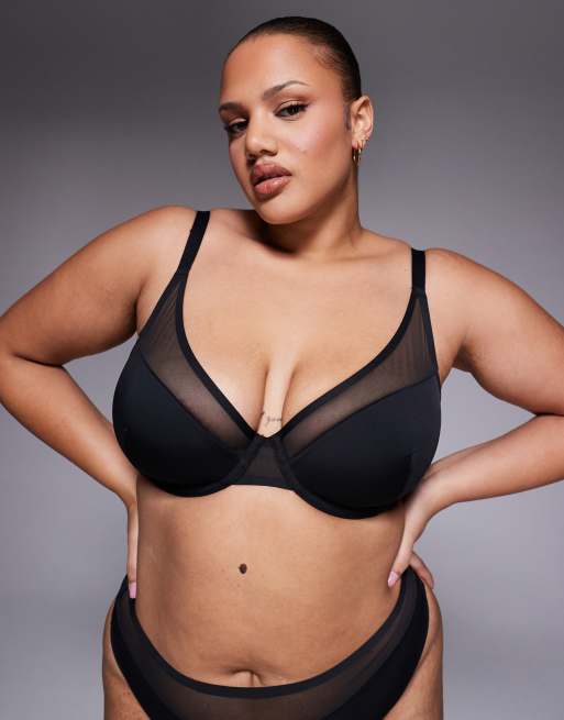ASOS DESIGN Curve - Ella - Reggiseno a mezza coppa preformato in microfibra con ferretto e dettaglio in rete nero