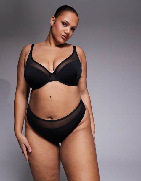 ASOS DESIGN Curve - Ella - String taille haute échancré en microfibre avec détail en tulle - Noir - view 1