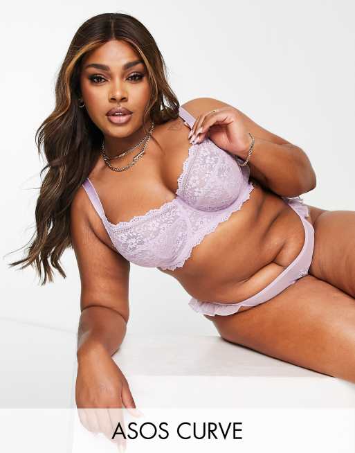 ASOS DESIGN Curve Ellie frill lace and mesh bra in lilac