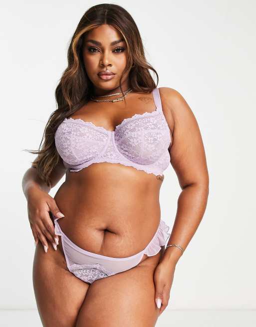 ASOS DESIGN Curve – Ellie – Syrénlila underklädesset i spets och mesh med stringtrosa, 4 av 4