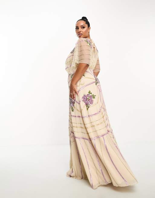 ASOS DESIGN Curve embellished batwing maxi dress with floral artwork in cream, 2 of 4