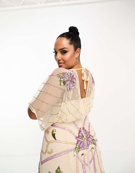 ASOS DESIGN Curve embellished batwing maxi dress with floral artwork in cream, 3 of 4