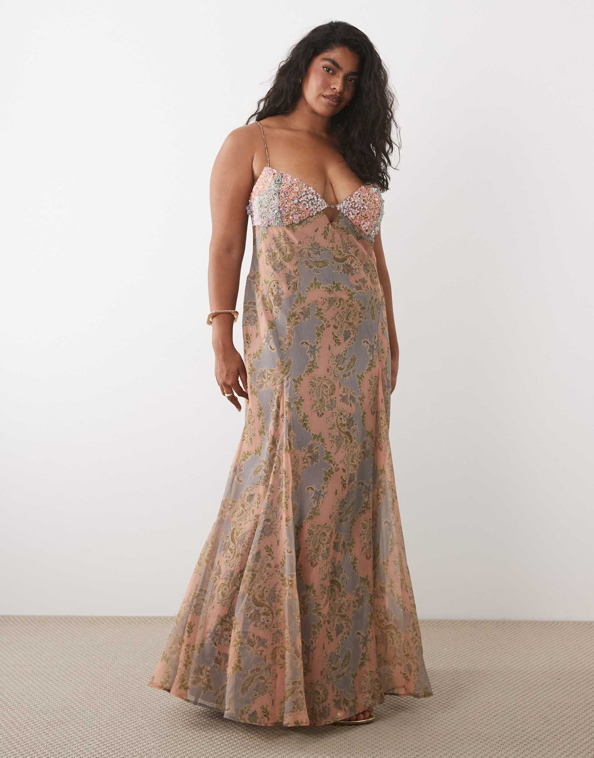 asos design curve embellished bust cami cut out maxi dress in pink paisley print
