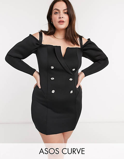 ASOS DESIGN Curve embellished buttons off shoulder tux mini dress in black