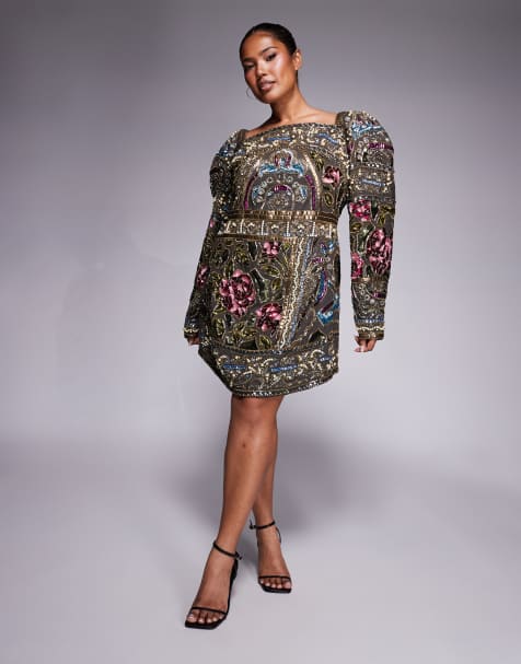ASOS DESIGN Curve embellished domed sleeve curved high neckline mini dress in multi - view 1