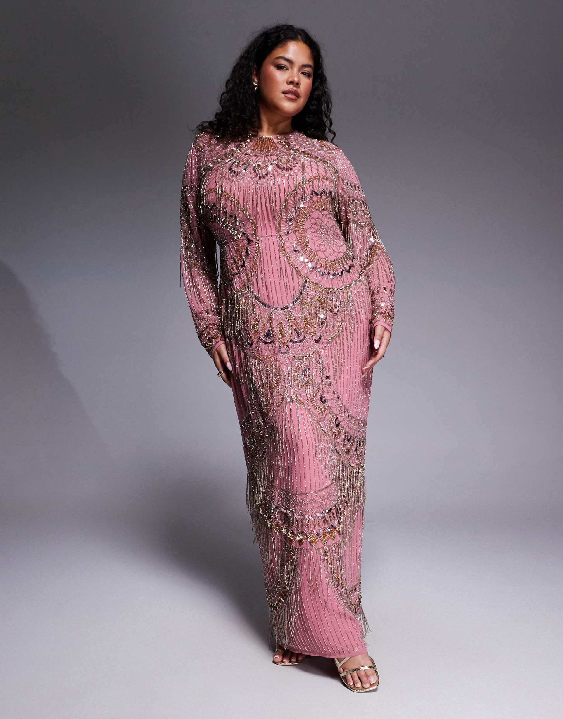 asos design curve embellished fringe maxi dress in pink