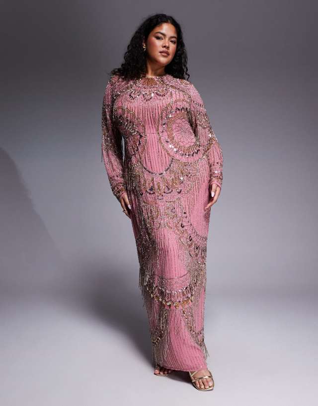 ASOS DESIGN Curve embellished fringe maxi dress in pink | ASOS