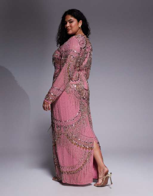 ASOS DESIGN Curve embellished fringe maxi dress in pink