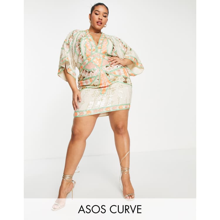 ASOS DESIGN Curve embellished kimono mini dress with color pop sequin detail