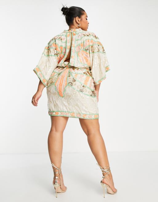 ASOS DESIGN Curve embellished kimono mini dress with color pop sequin detail