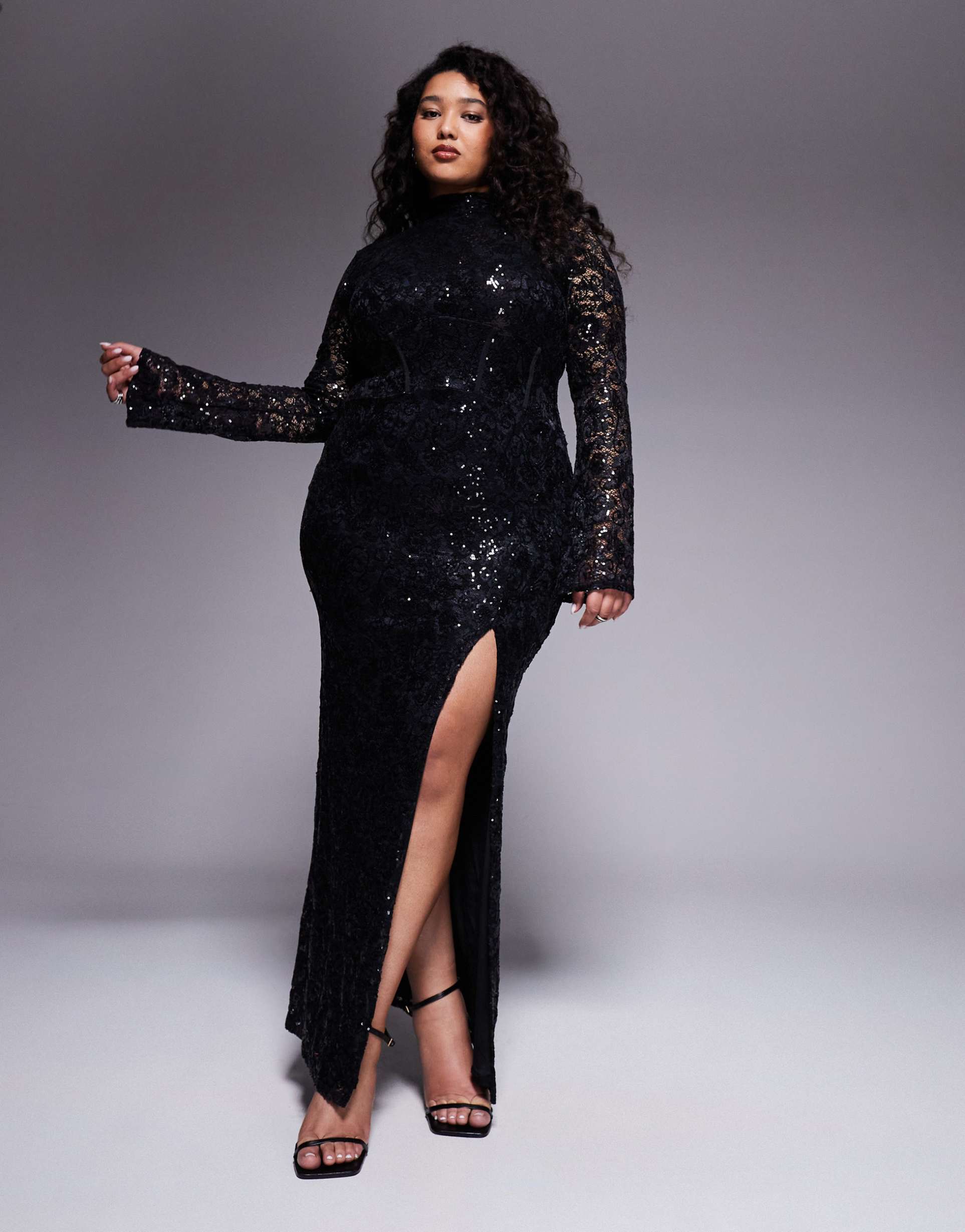 asos design curve embellished lace long sleeve maxi dress with slit in black