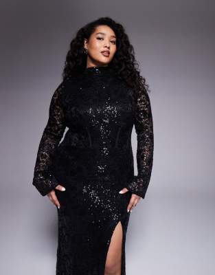 Asos Curve Asos Design Curve Embellished Lace Long Sleeve Maxi Dress With Slit In Black
