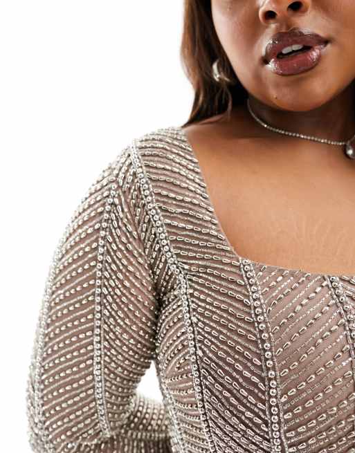 ASOS DESIGN Curve embellished long sleeve herringbone midaxi dress in silver