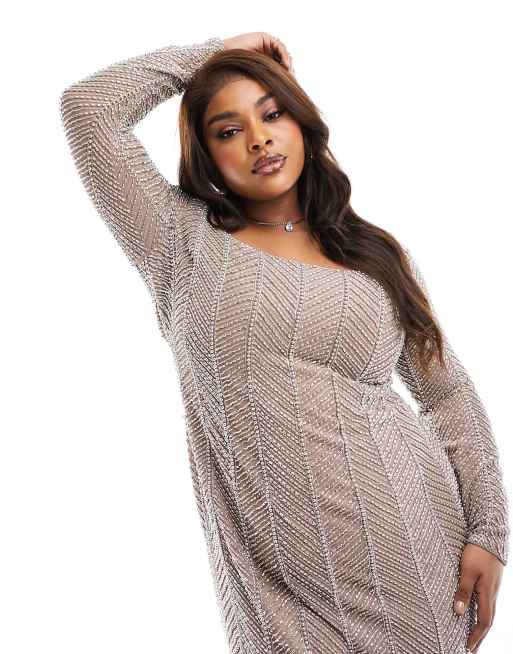 ASOS DESIGN Curve embellished long sleeve herringbone midaxi dress in silver