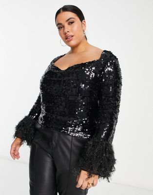 ASOS DESIGN Curve embellished long sleeve top with feather cuff & cowl neck detail in black-White