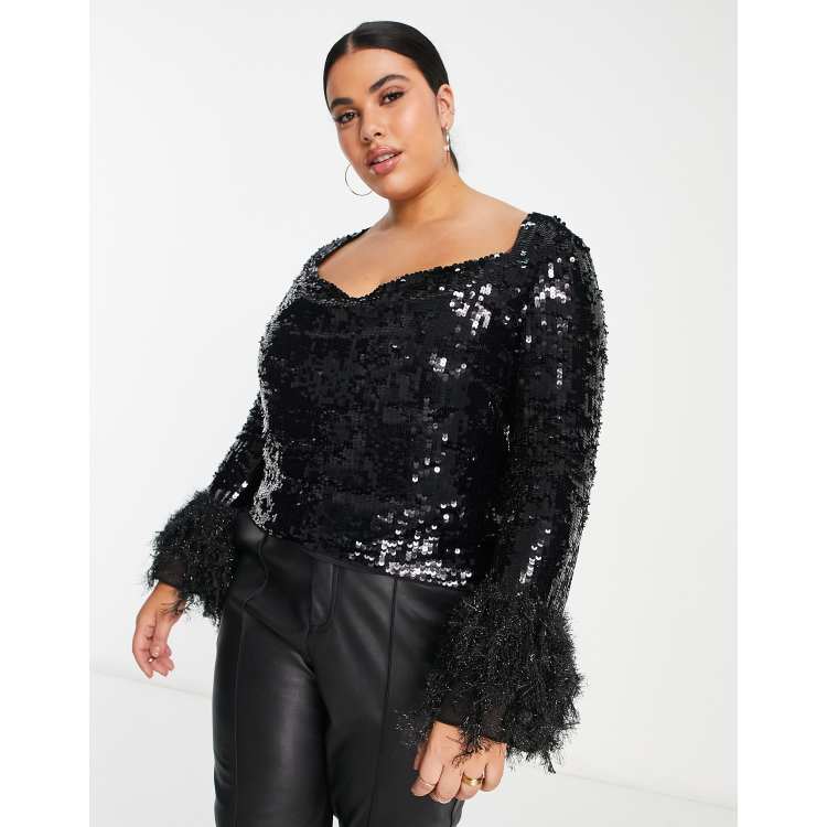 ASOS DESIGN Curve embellished long sleeve top with feather cuff