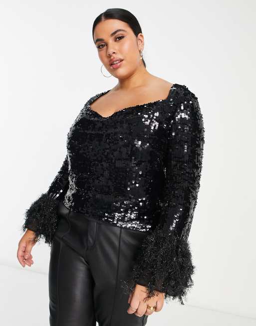 ASOS DESIGN Curve embellished long sleeve top with feather cuff & cowl neck  detail in black