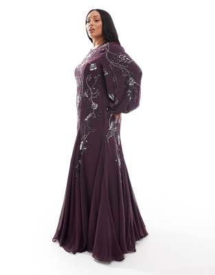 ASOS Curve ASOS DESIGN Curve embellished maxi dress with godet skirt and balloon sleeve in plum-Black