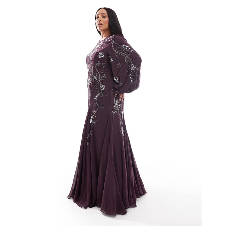 ASOS DESIGN Curve embellished maxi dress with godet skirt and balloon  sleeve in plum | ASOS
