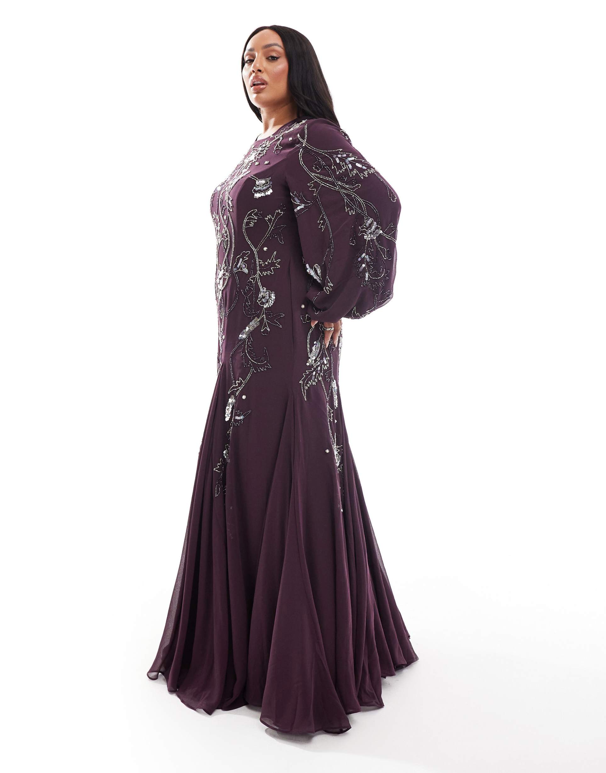 asos design curve embellished maxi dress with godet skirt and balloon sleeve in plum