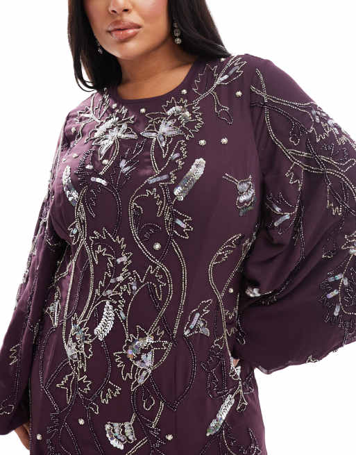 ASOS DESIGN Curve embellished maxi dress with godet skirt and balloon sleeve  in plum | ASOS