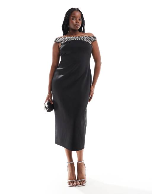 Black bardot midi dress hotsell