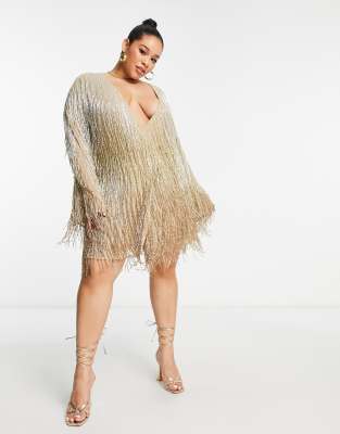 ASOS DESIGN Curve embellished plunge mini dress in ombre beaded fringe in  taupe | ASOS