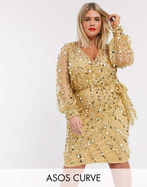 ASOS DESIGN Curve embellished robe mini dress with belt detail in gold