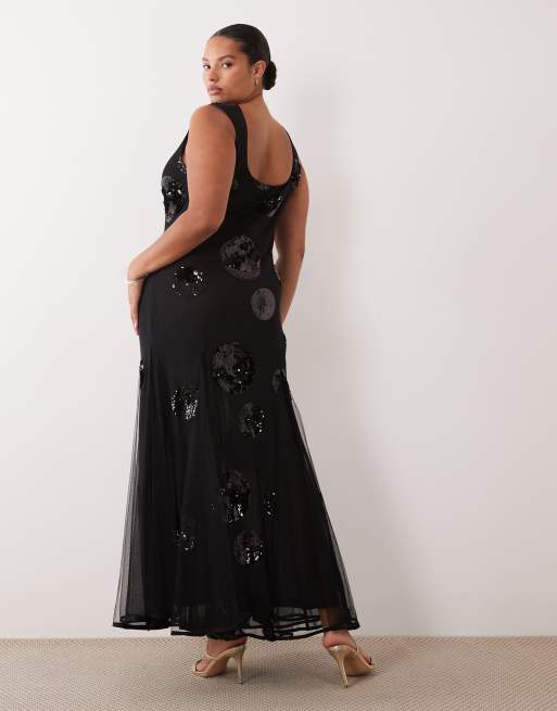 ASOS DESIGN Curve embellished sequin spot maxi dress in black, 3 of 4