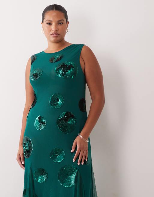 ASOS DESIGN Curve embellished sequin spot maxi dress in teal, 2 of 4