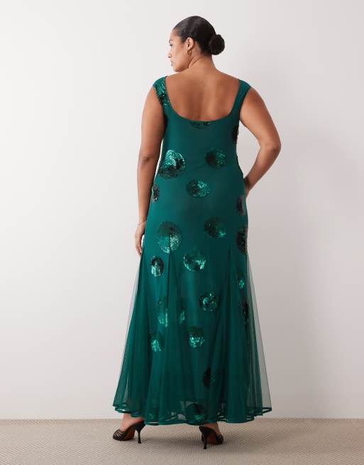 ASOS DESIGN Curve embellished sequin spot maxi dress in teal, 3 of 4
