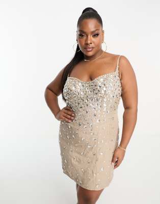 Asos Design Curve Embellished Structured Mini Dress With Scatter Jewel Detail In Stone-Neutral