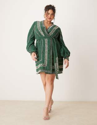 ASOS Curve ASOS DESIGN Curve embellished velvet mini dress with tie detail in forest green