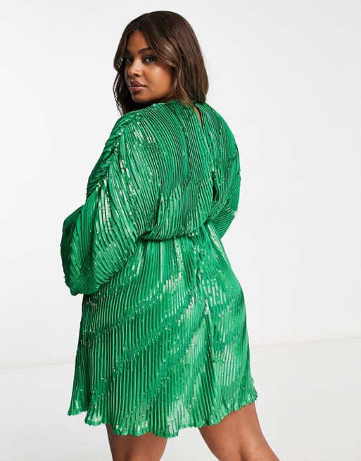Shop Green Geometric Blouson Sleeve Wrap Dress online