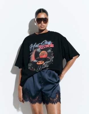 Asos Curve Asos Design Curve Embellishment Oversized T-shirt With Vintage Vinyl Graphic In Blue